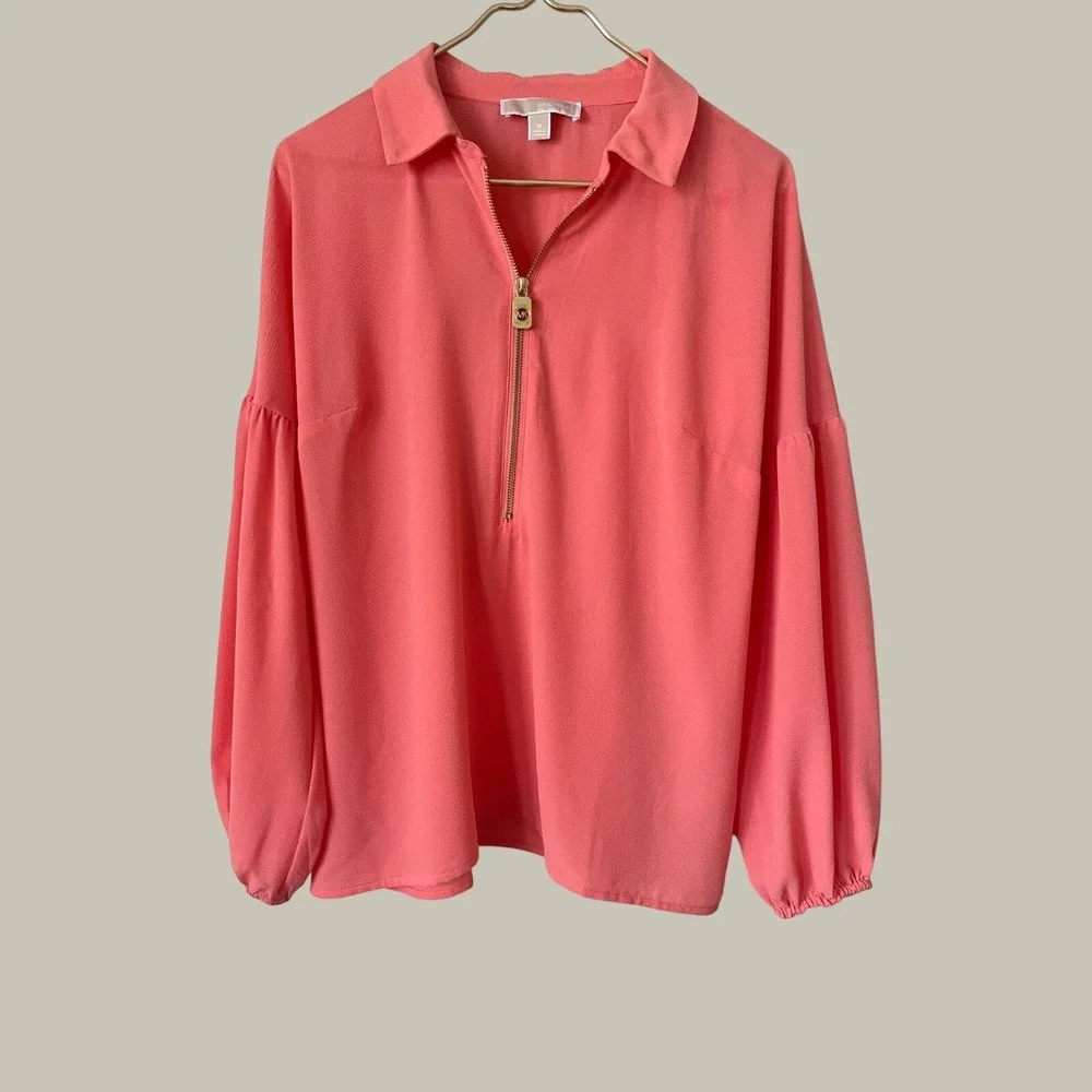 Michael Kors Womens Coral electric Pink Quarter Zip Bishop Sleeve Blouse Medium